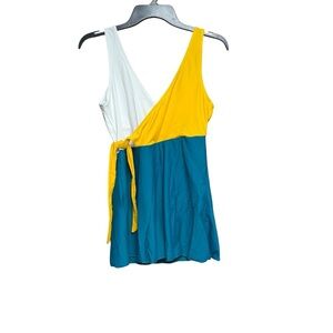 SHEIN size medium color block  faux Wrap swim dress NWOT teal/yellow/white